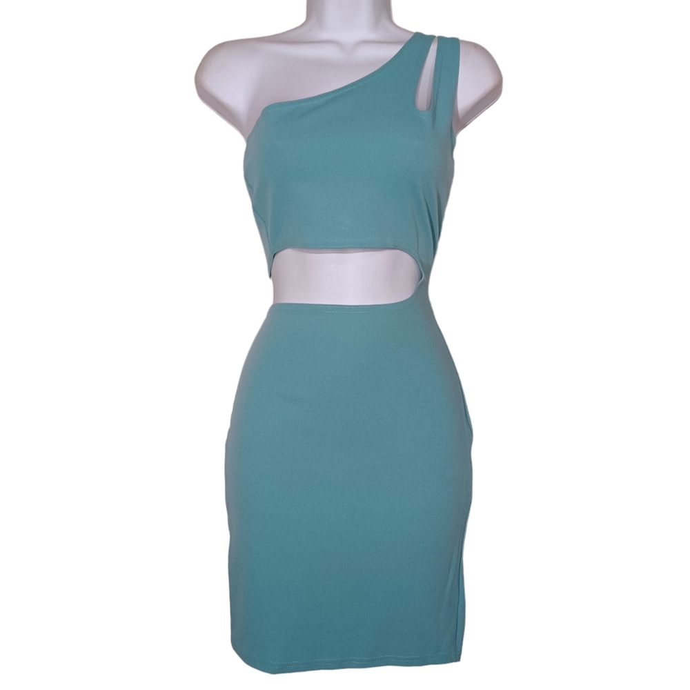 PRETTYLITTLETHING Dusty Turquoise Blue Cut Out Mini Bodycon Dress 2 NWT XS